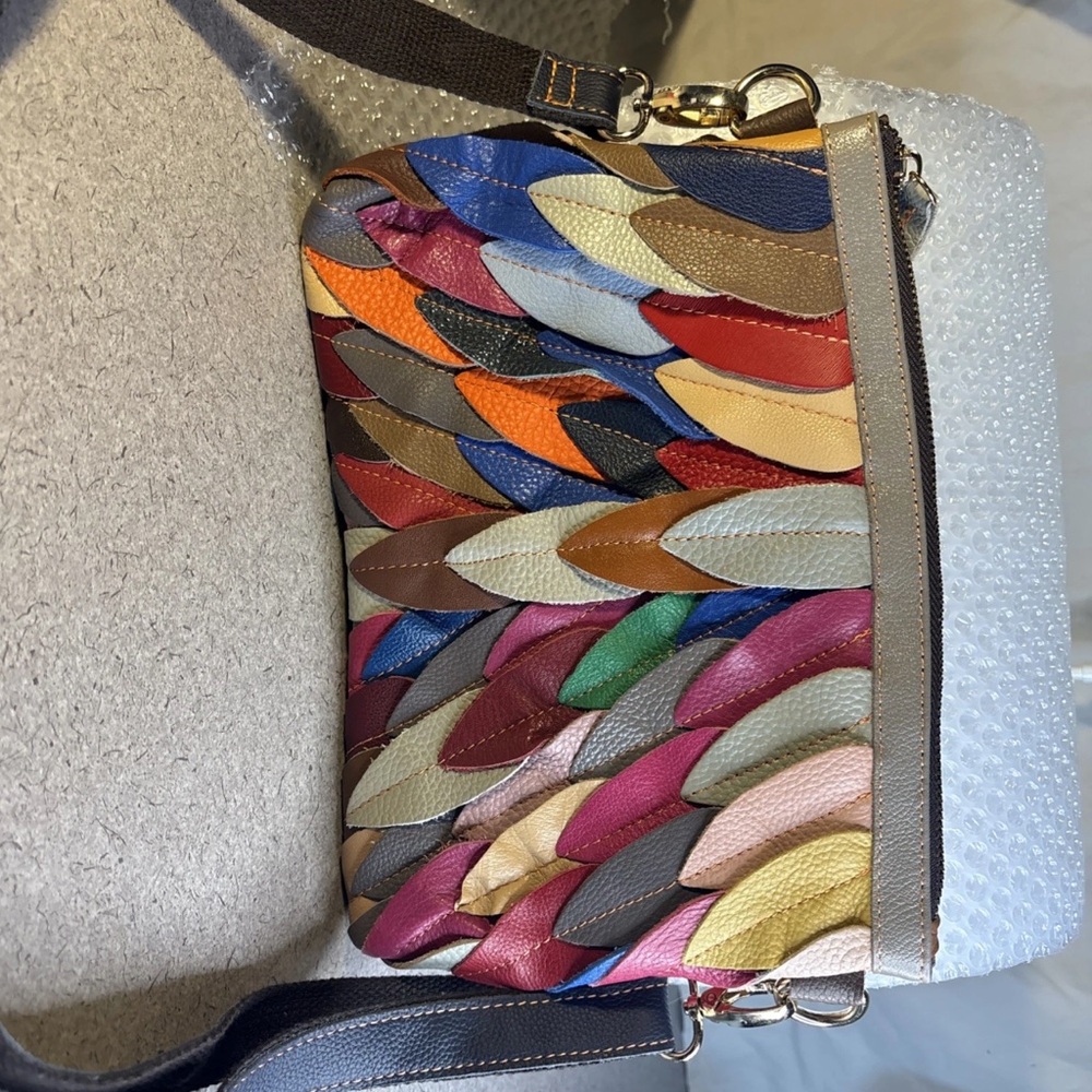 Multicolor Leather Women's Bag Feather Design Adjustable Shoulder Strap